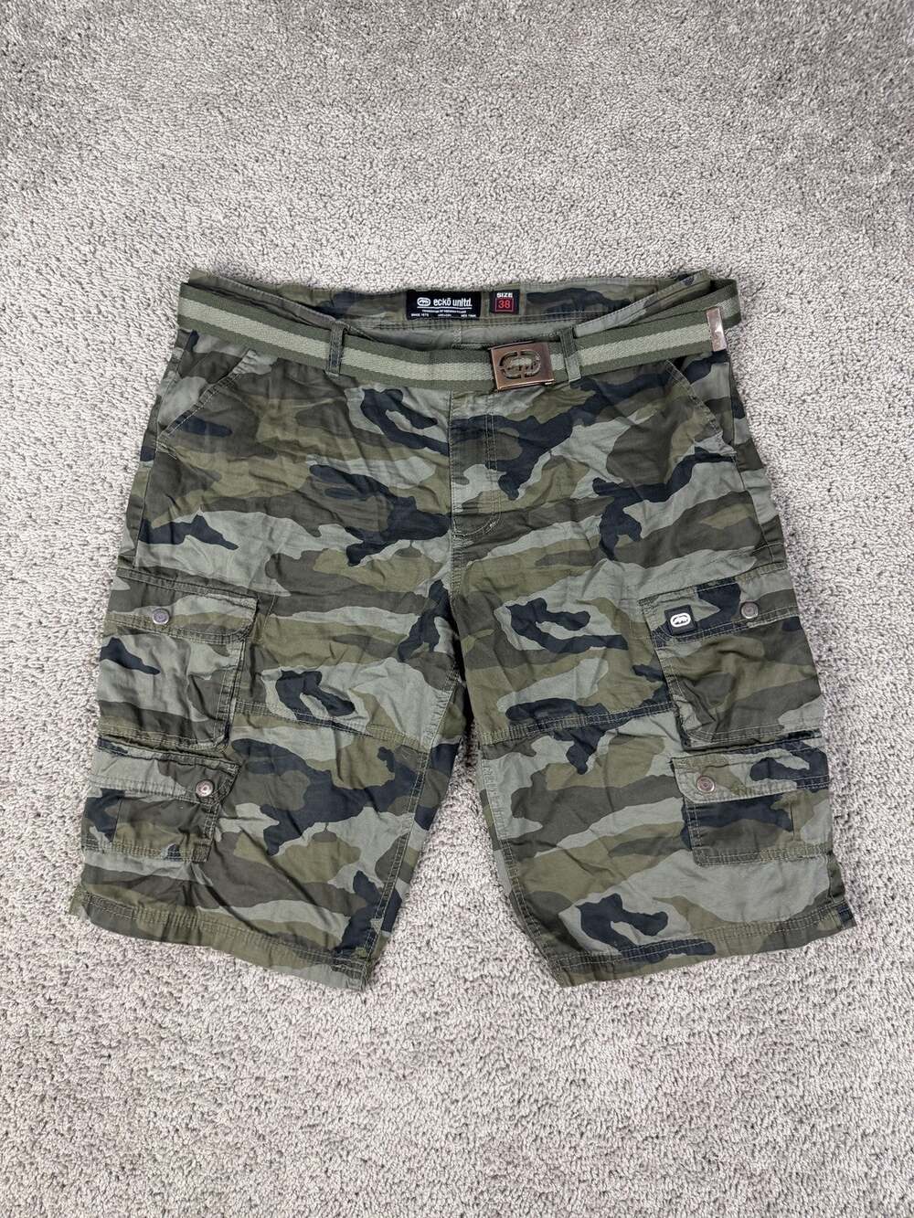 Ecko Unltd Shorts Mens 38 Green Camouflage Cargo Canvas 13 In Inseam Belted